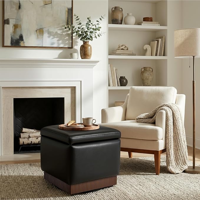 Swivel Storage Ottoman with Hidden Compartment, Square Faux Leather Footstool, Solid Acacia Wood Frame, 500 lbs Capacity, No Assembly Required, for Living Room & Bedroom