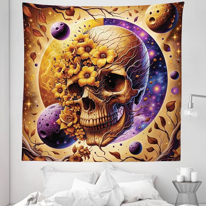 Ambesonne Trippy Tapestry Queen Size, Neo Traditional Floral Ornate Skull with Earthy Leaves Space Scenario, Wall Hanging Bedspread Bed Cover Wall Decor, 88" X 88", Apricot Blue Violet Taupe