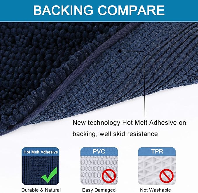 H.VERSAILTEX Bath Rugs for Bathroom Non Slip Bath Mats Extra Thick Chenille Striped Rug 20" x 32" Absorbent Non Skid Fluffy Soft Shaggy Washable Dry Fast Plush Mat for Indoor, Bath Room, Tub - Navy