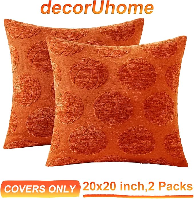 decorUhome Decorative Rust Pumpkin Thanksgiving Throw Pillow Covers 20x20 Set of 2, Soft Chenille Jacquard Farmhouse Textured Pillow Covers for Couch Bed Sofa Autumn Harvest Halloween Holiday