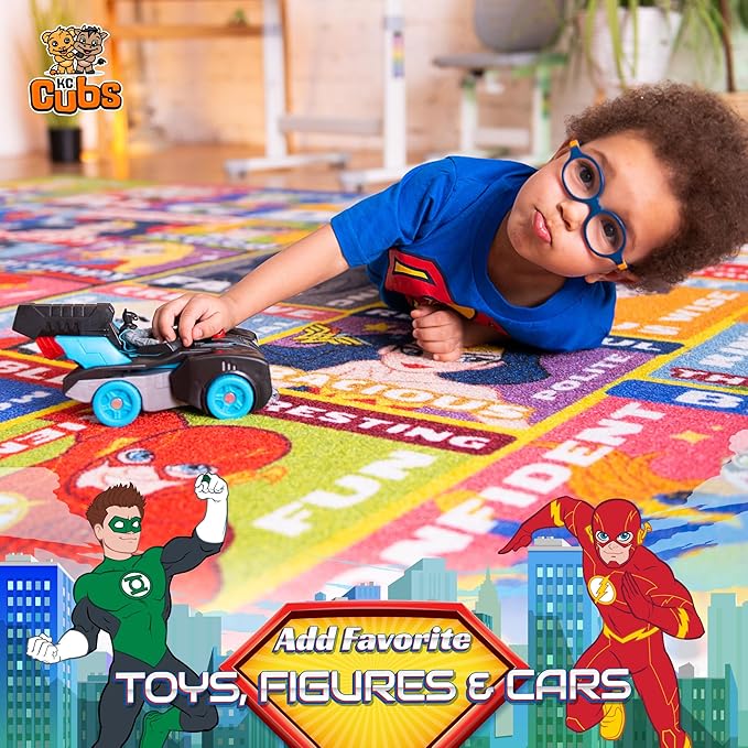 DC Super Friends Educational Kids Rug – ABC Alphabet, Emotions & Hero Traits Learning Mat – Social Skills Classroom, Playroom & Bedroom Carpet 3x5
