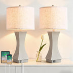 24.5" Modern Table Lamp Set of 2, 3-Way Dimmable Bedside Lamps with USB C & A Charging, Farmhouse Resin Nightstand Lamps with Linen Shade for Bedroom, Living Room, Home Office (Gray)