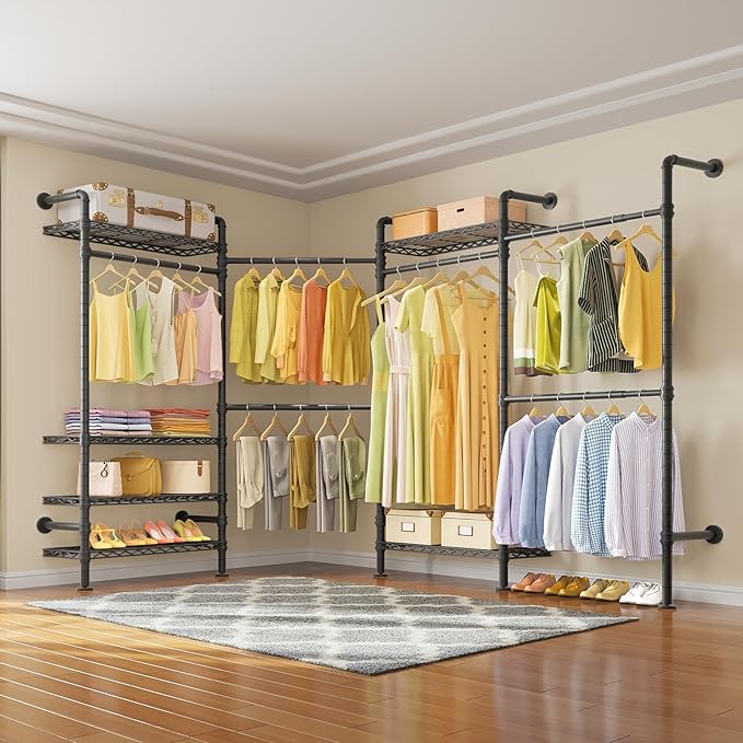 Timate L4 L Shape Garment Rack Heavy Duty Clothes Racks for Hanging Clothes, Expandable Industrial Pipe Clothing Rack Wall Mounted Closet Racks Wardrobe Closet Kit Corner Closet System, Black
