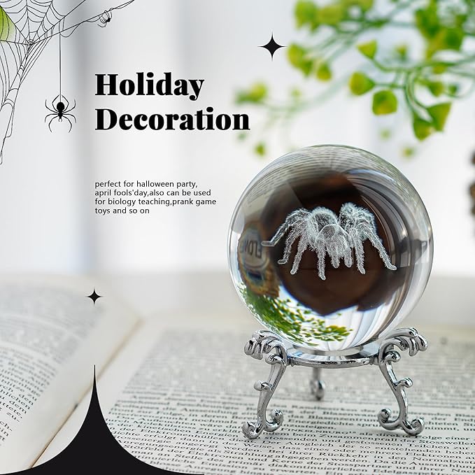HDCRYSTALGIFTS 60mm 3D Spider Crystal Ball Halloween Decor with Stand 3D Laser Engraved Tarantula Animal Figurine Prop Decorative Glass Full Sphere Table Paperweight