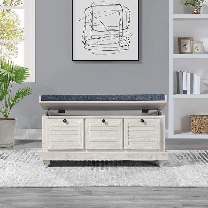 OSP Home Furnishings Dover Coastal Lift-Top Storage Bench with Shutter Face Styling, Distressed White Finish with Navy Fabric Cushion