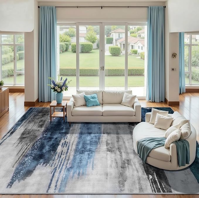 Ciicool Modern Abstract Deep Blue Gray Rug for Living Room, 9'x12' Machine Washable Area Rug Non-Slip Rug, Low-Pile Contemporary Indoor Dining Floor Carpet for Bedroom Office Under Table Home Decor
