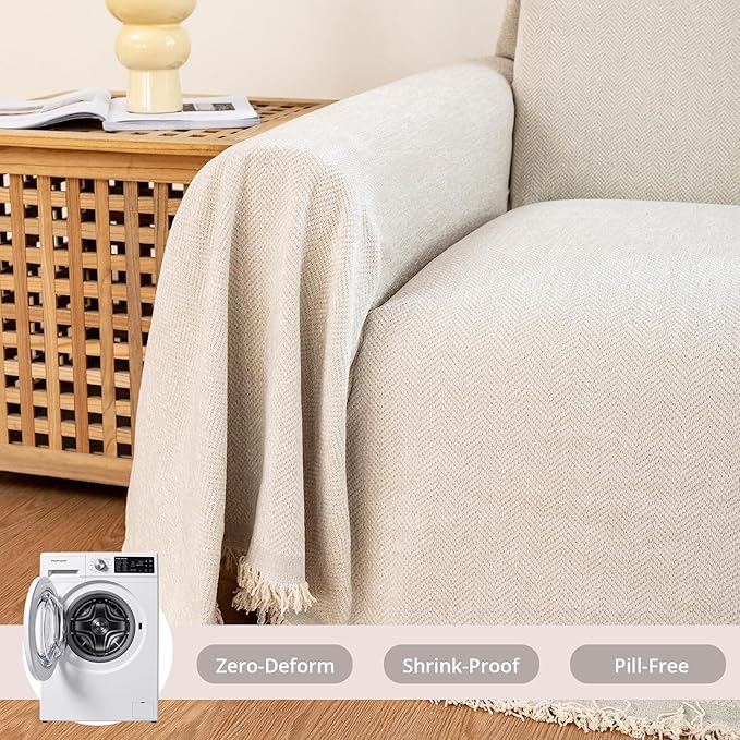 Couch Cover for Dogs, Non Slip Sofa Cover, Washable Couch Covers, 2 Cushion Sofa for Dogs Furniture Protector with Tassels Chenille Sofa Covers for Pets (Tassel Beige, 71" x 102")