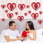 Deloky 32 Pcs Valentine's Hearts Hanging Foil Decoration- Wine Red 3D Glitter Heart Garland Ornament- Swirl Heart Ceiling Ornaments for Valentines, Wedding, Engagement, Anniversary Party Decor