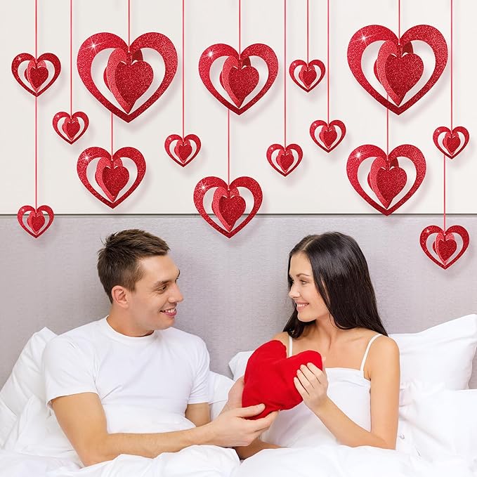 Deloky 16 Pcs Valentine's Hearts Hanging Foil Decoration- Wine Red 3D Glitter Heart Garland Ornament- Swirl Heart Ceiling Ornaments for Valentines, Wedding, Engagement, Anniversary Party Decor