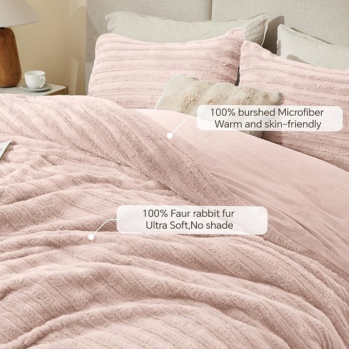BEDELITE Fleece King Comforter Set -Super Soft & Warm Fluffy Pink Faux Fur Bedding, Luxury Fuzzy Heavy Bed Set for Winter with 2 Pillow Cases
