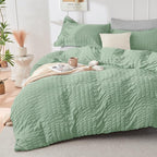 HYMOKEGE Sage Green/Light Grey Queen Comforter Set Seersucker 7 Pieces, All Season Luxury Bed in a Bag Queen for Bedroom, Bedding Set with Comforter, Sheets, Pillowcases & Shams