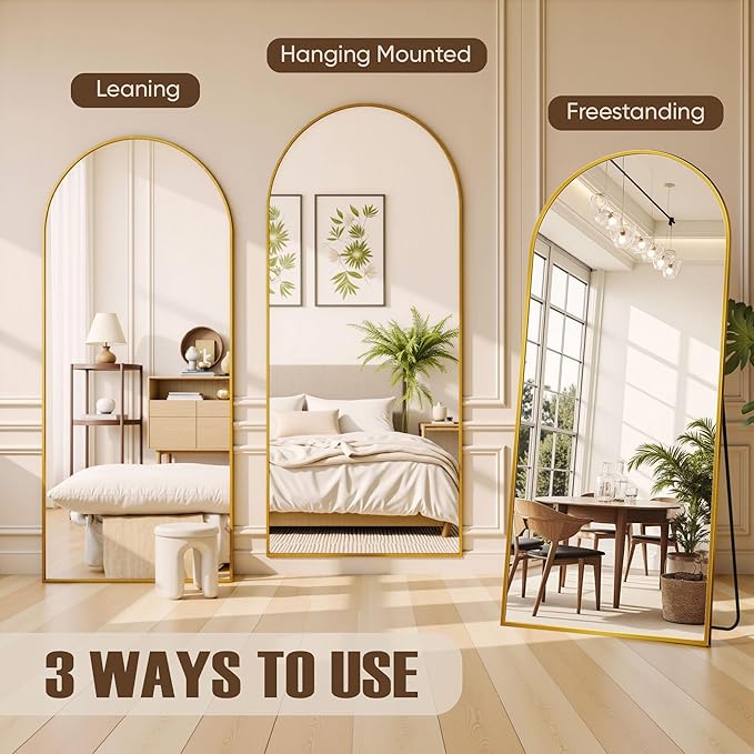 Full Length Mirror, 82"x44" Arched Full Body Mirror, Oversized Floor Mirrors, Leaning Free Standing Mirrors, Hanging Mounted Large Mirrors for Bedroom Dressing Room, Cloakroom, Gold