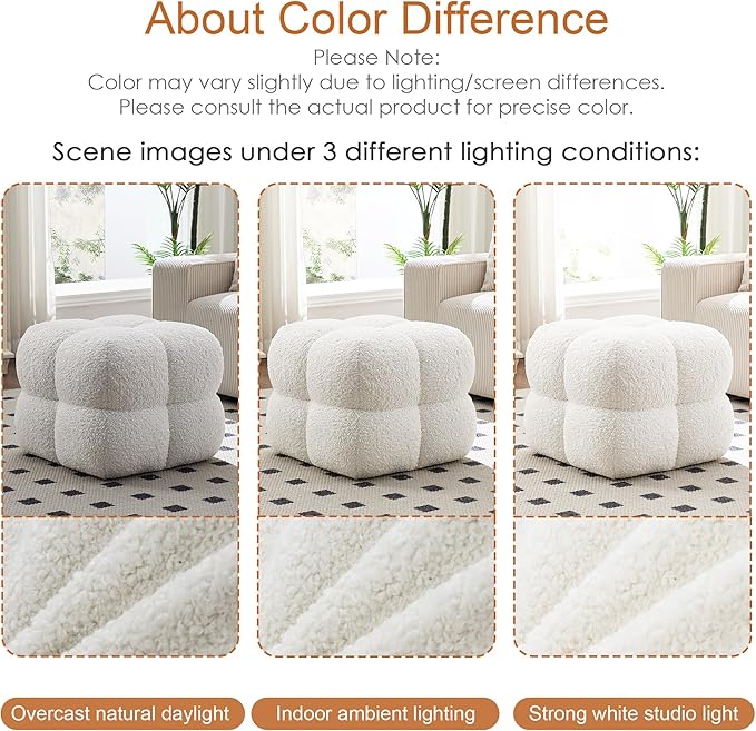 ONEVOG 21" Cream White Modern Ottoman, Square Fuzzy Couch Sherpa Pouf Ottoman, Tufted Fluffy Boucle Fabric Foot Stools, Upholsered Footrest & Coffee Table for Living Room Bedroom, Cute Pouf Home Decor