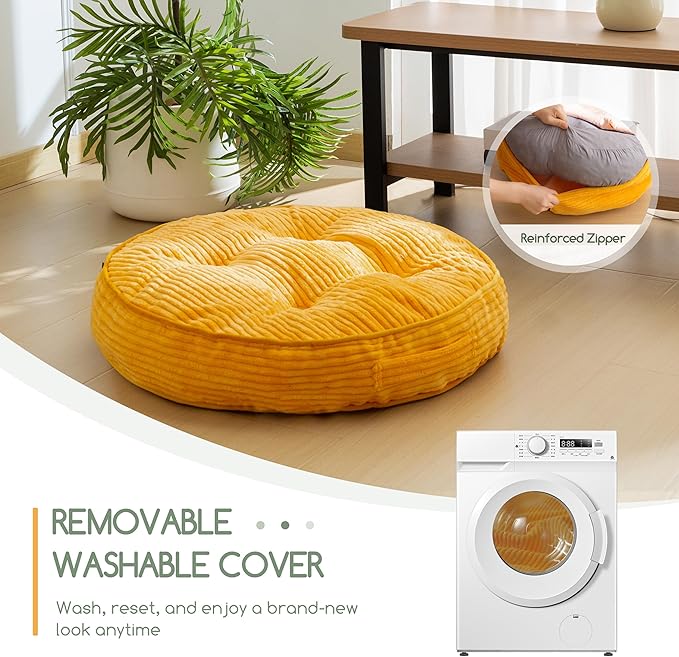 HIGOGOGO Washable Floor Pillow Cushion for Adults, Meditation Cushion Pillow, Large Round Floor Sitting, Removable Tufted Corduroy Cover, for Tatami Living Room or Yoga, 22x22 Inch, Machine Washable