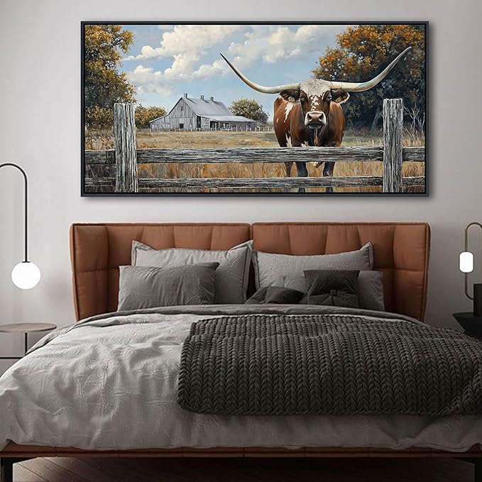 XLSJERST Rustic Wall Decor Poster 48x24 Inches - Longhorn Picture Farm Artwork Canvas Picture Brown Cow Wall Art for Living Room Guest Bath Decoration