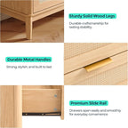 LINSY Rattan 5 Drawer Dresser for Bedroom, 46" Tall Mid-Century Modern Chest of Drawers, Deep Storage Dresser with Curved Corner Design, Large Accent Wood Cabinet for Bedroom, Oak