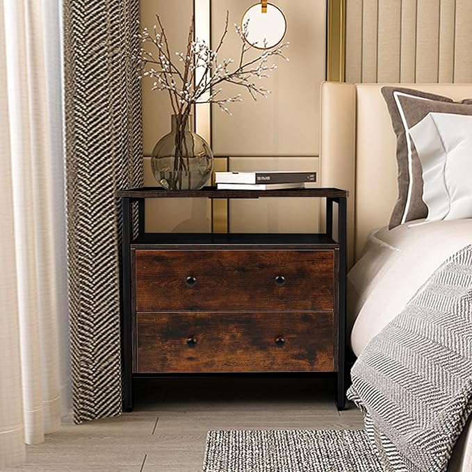 27 inch Wide Night Stand with Charging Station, Bedside Table with Open Shelf, 2 Drawers Small Wood Dresser, Modern Wood Nightstand for Bedroom/Living Room (Rustic Brown)