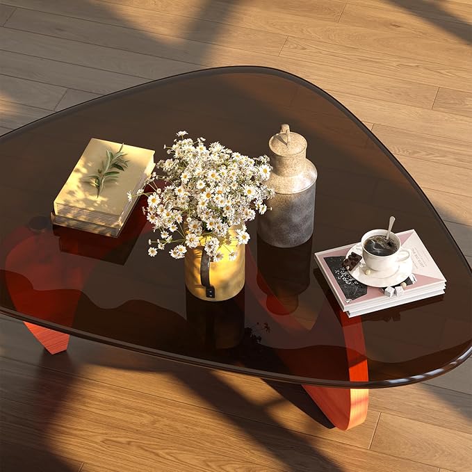 Coffee Table for Living Room Mid Century Modern Center Small Table with Glass Top and Wood, Walnut Brown