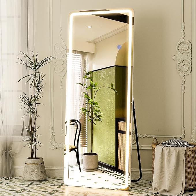 GLSLAND LED Full Length Mirror 64" x 21" Floor with Stand Wall Mounted Hanging Full Body Mirror with Lights Free Standing for Bedroom Living Room Bathroom, White