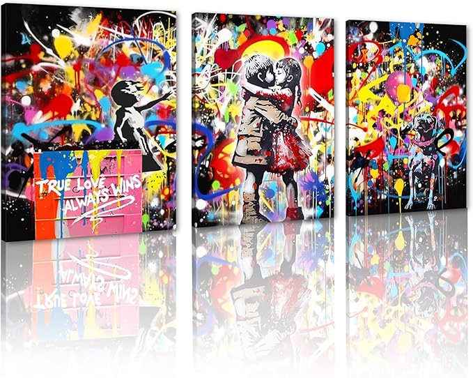 Novatique Banksy Wall Art Colorful Graffiti Canvas Wall Decor Banksy Prints Street Painting Artwork Mural Pop Art Decor for Living Room Bedroom,12" x 16" x 3Pcs