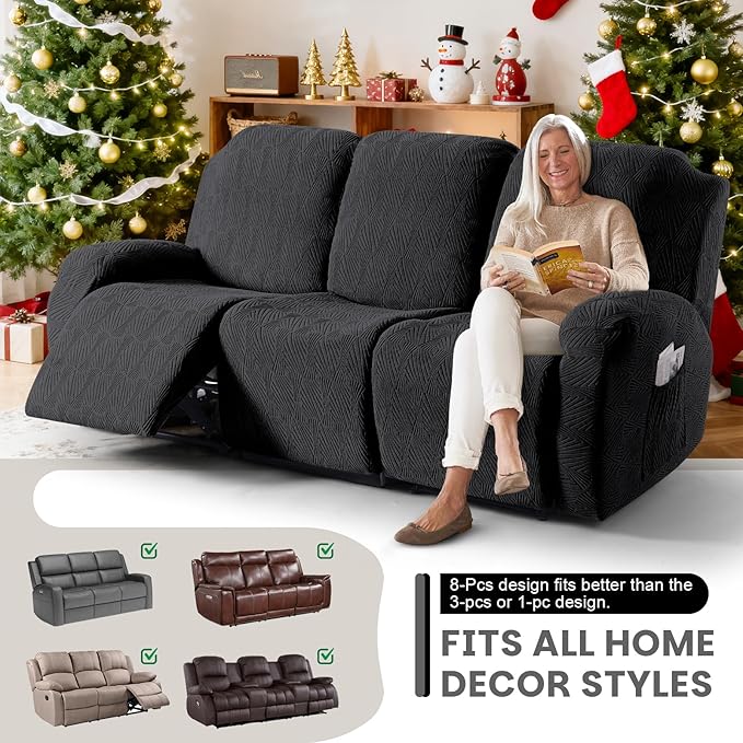 VANSOFY Recliner Couch Cover, 8-Pieces Stretch Recliner Sofa Cover Soft Jacquard Reclining Slipcover Furniture Protector with Elastic Bottom for Kid, Pets(3 Seat,Black)