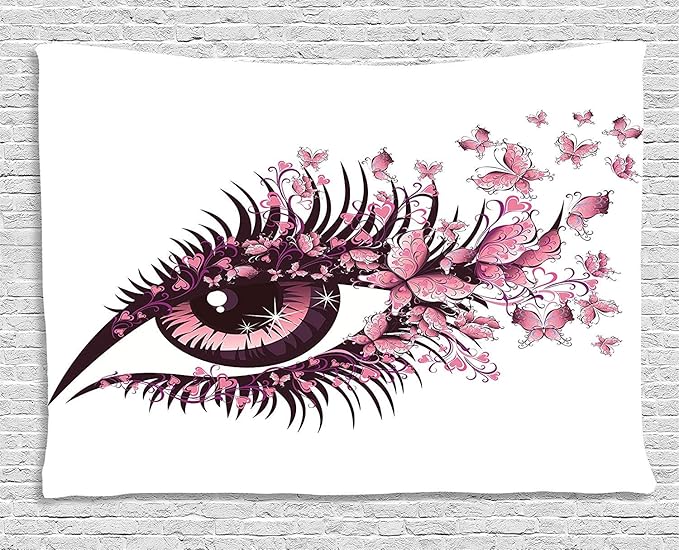 Ambesonne Butterflies Tapestry, Female Eye Eyelashes Mascara Stare Party Makeup Animal Print, Wide Wall Hanging for Bedroom Living Room Dorm, 80" X 60", Pale Pink Purple