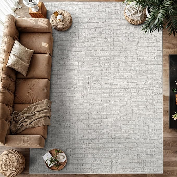 Modern Micro Loop Indoor Area Rugs for Living Room Bedroom Kitchen Geometric Pebble White 6x9 Luxury Durable Low and High Pile Non-Shedding Stain Resistant Soft Area Carpet 6 x 9