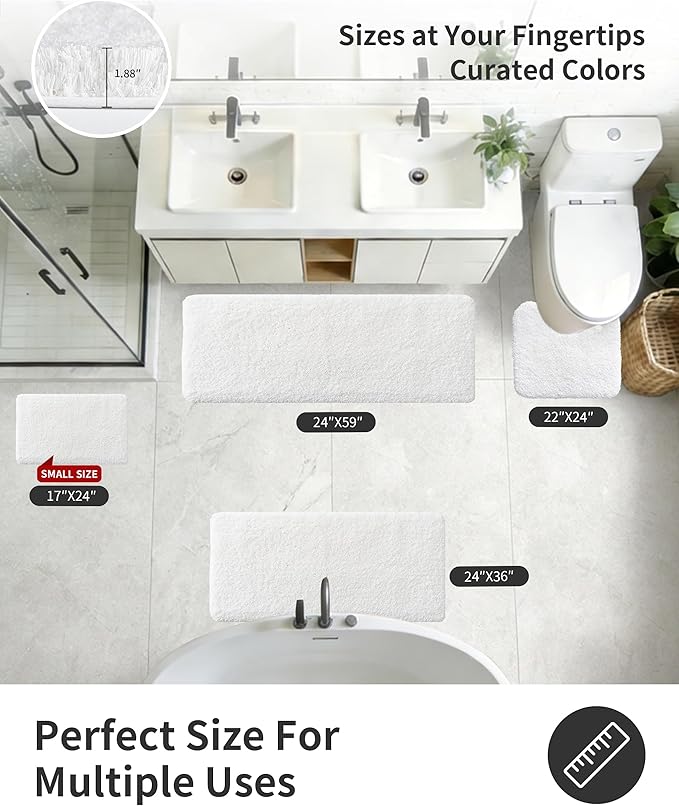 ILANGO White Bathroom Rugs 36" × 24" Non Slip & Super Absorbent Extra Thick Soft, Washable Bath Mat for Floor, Non Shedding Microfiber Plush Shaggy Bath Rug with Rubber for Bathtub Shower Room Sink