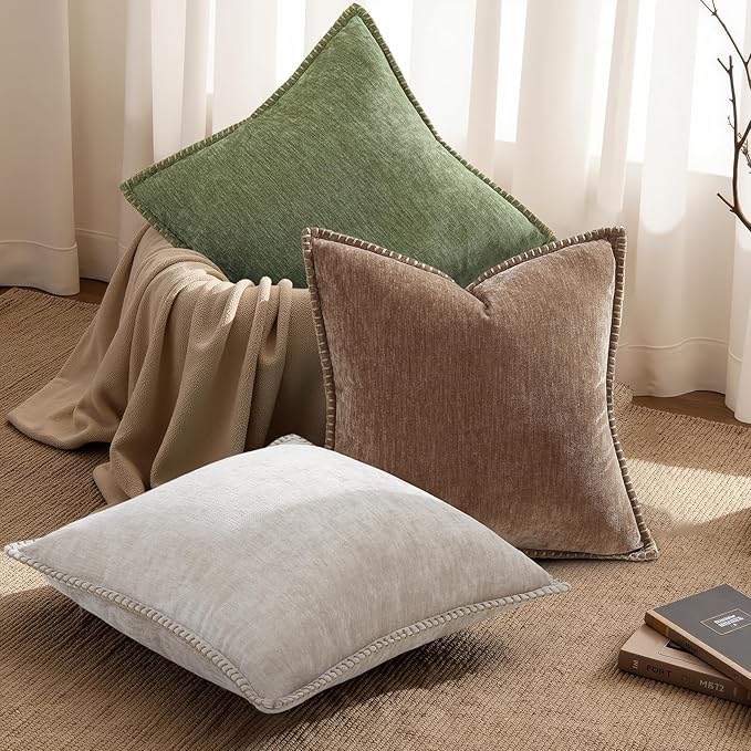 decorUhome Spring Chenille Soft Cozy Throw Pillow Covers 18x18 Set of 2, Modern Farmhouse Boho Velvet Decorative Pillow Cases with Stitched Edge for Couch Sofa Bed Home Decor, Brown