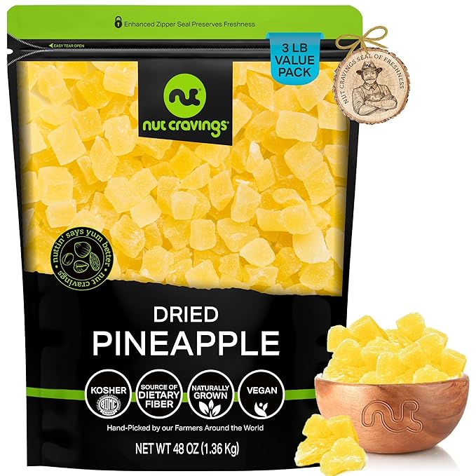 NUT CRAVINGS - Dried Pineapple Chunks, Lightly Sweetened (48oz, 3 LB) Tu Bishvat Favorite - Sweet Healthy Snack, Vegan, Kosher, Resealable Bag