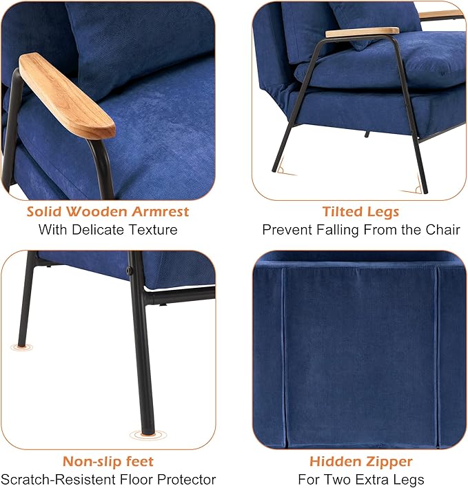 MCombo Accent Recliner Chair with Ottoman, Modern Fabric Armchair, Upholstered Sofa Bed for Living Room Bedroom, Small Space 4055 (Black Frame, Blue)
