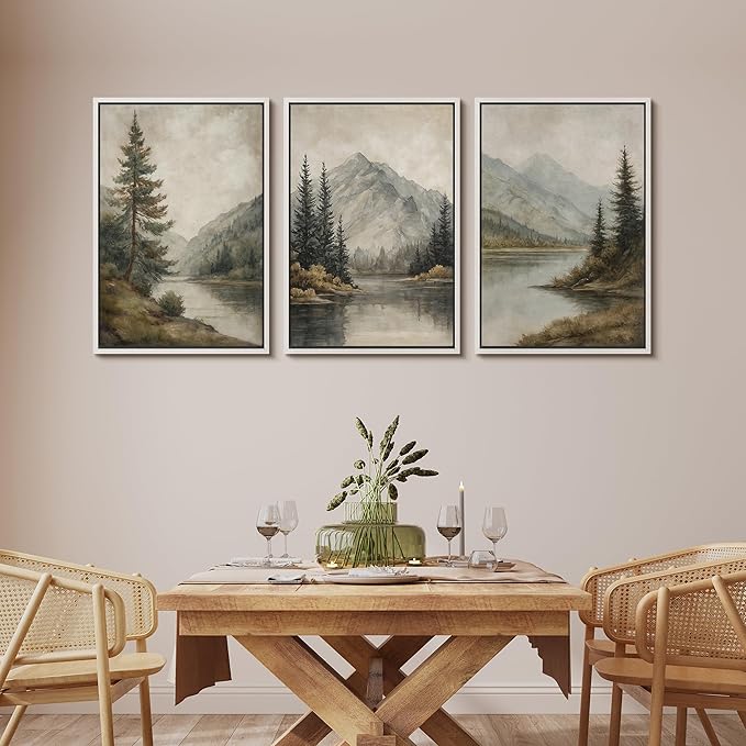 MUDECOR Framed Wall Art Print Set Mountain Landscape Nature with Trees, Lake, and Mountains, Rustic Illustrations Modern Art Decorative Colorful for Living Room, Bedroom, Office - 24"x36"x3 White