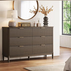 LINSY Fluted Dresser for Bedroom with 6 Drawers, Mid Century Modern Chest of Drawers with Gold Metal Handles, Wide Boho Wood Dressers, Large Farmhouse Storage Cabinet for Bedroom, Living Room, Walnut
