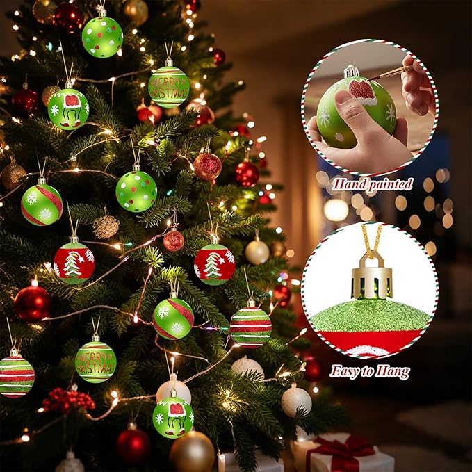 Christmas Tree Decorations Ornaments Set, 2.4 Inch 12PCS Christmas Balls Decor Grinchs Style, Glittering Shatterproof Hanging Bulbs Xmas Decorations for Indoor Home Office (Red Green)