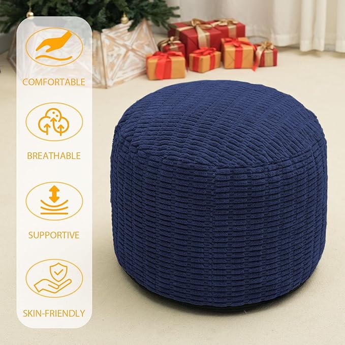 Round Stuffed Pouf Ottoman for Foot Rest, Storage Ottoman Pouf Foot Stool Cushion, Faux Fur Poufs with Foam Chunk Filling, 20 X 15 Inch Floor Chair for Living Room Bedroom Home Decor, Navy Blue