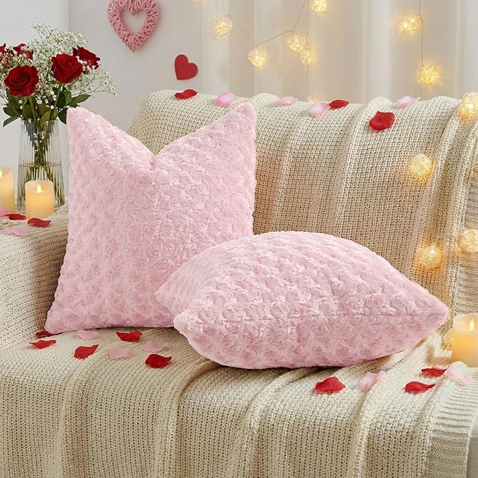 FUTEI Pink Decorative Throw Pillow Covers 18x18 Inch Set of 2,Soft Solid Rose Swirl Textured Cushion Case,Valentine's Day Decor for Couch Living Room