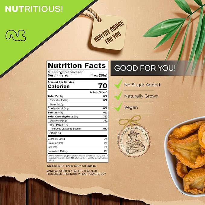 NUT CRAVINGS - Dried California Pears, No Sugar Added, Unsweetened (16oz, 1 LB) Tu Bishvat Favorite - Sweet Healthy Snack, Vegan, Kosher, Resealable Bag