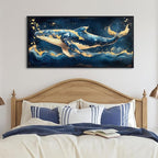 JEAWA Framed Canvas Wall Art - 20x40 IN Marine Animal Painting Wall Decor, Blue White Gold Whale Picture, Modern Art Prints for Living Room Bedroom Bathroom Home Decoration