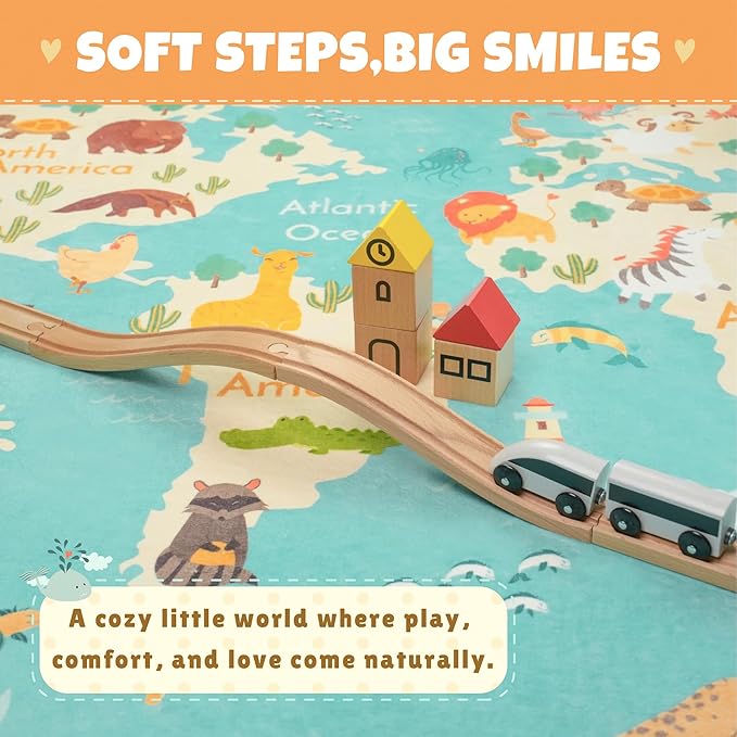 Washable Kids Playroom Rug – 5x7 Play Rug for Preschool Toddlers, Baby Girls, Educational with Cute Animals – Non-Slip, Stain Resistant, Soft & Safe for Bedroom, Play Room and Classroom - Blue
