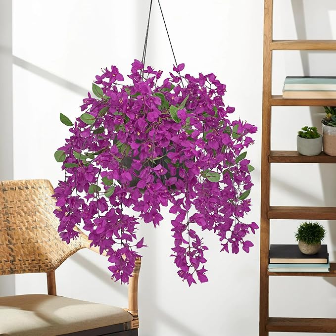 33.5" Bougainvillea Artificial Flowers Fake Purple Flowers, UV Resistant Long Sprays Artificial Bougainvillea Flowers for Indoor & Outdoor Decor, 3PCS Faux Hanging Flower for Home Room Wedding Porch