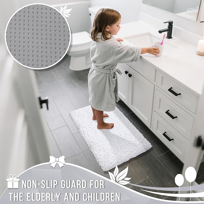 Yimobra Long Bathroom Rug Non Slip 44x24 Inch, Extra Thick Soft Absorbent Chenille Bath Mat, Machine Washable Quick Dry Bath Rugs for Bathroom Floor, Tub and Shower, Home Decor Accessories, White