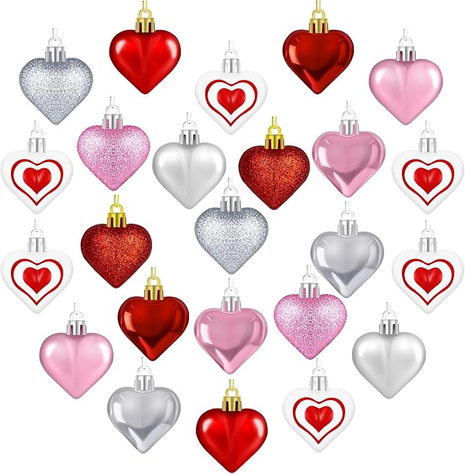 24PCS Heart Ornaments, 7 Kinds Valentine Ornaments for Tree, Valentine Tree Decorations in 4 Colors, Glitter Heart Shaped Baubles for Valentines Hanging Decorations Christmas Indoor Decor