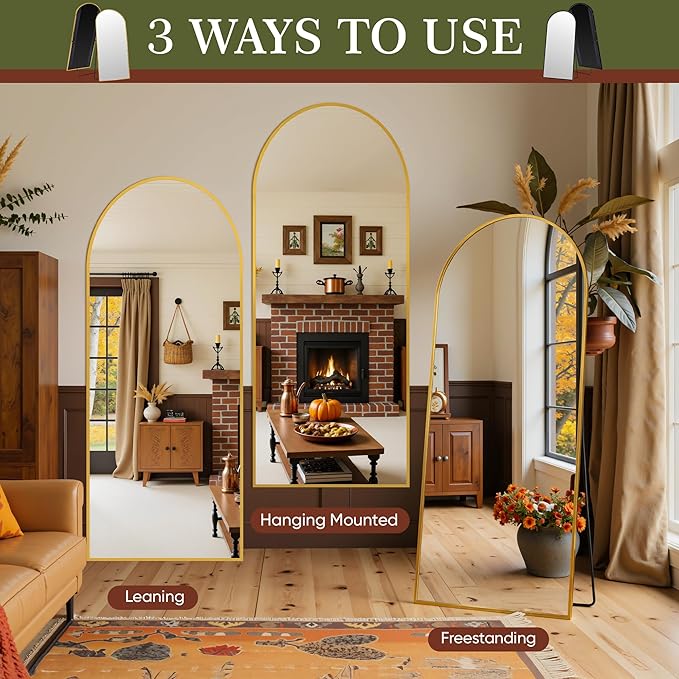 Full Length Mirror, 72"x44" Arched Full Body Mirror, Oversized Floor Mirrors, Leaning Free Standing Mirrors, Hanging Mounted Large Mirrors for Bedroom Dressing Room, Cloakroom, Gold