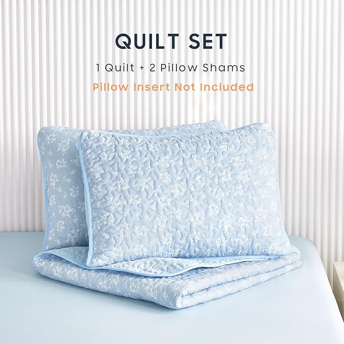 Wake In Cloud - Floral Quilt Set, Coquette Cottagecore Shabby Chic Flower Pattern for Women Teen Girls, Reversible Lightweight Bedspread Coverlet, 3 Pieces, Light Blue, Twin/Twin XL Size