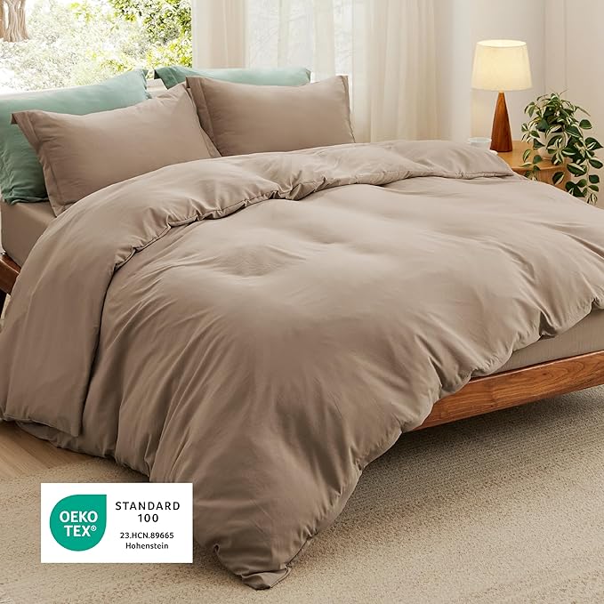 Bedsure Duvet Cover Queen Size with Fitted Sheet - 4 Pieces Prewashed Cotton-Like Polyester Extra Soft Bedding Set, Includes 1 Duvet Cover 90x90 Inches, 2 Pillow Shams, 1 Fitted Sheet, Deep Beige