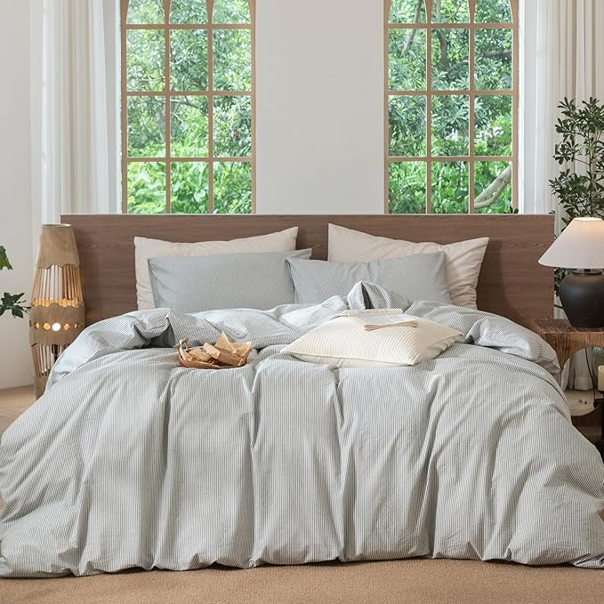 MooMee Striped Duvet Cover Set 100% Washed Cotton Linen Like Textured Breathable Durable Soft Comfy (Heathered Green Pinstripes, Alaska King 132"x120")