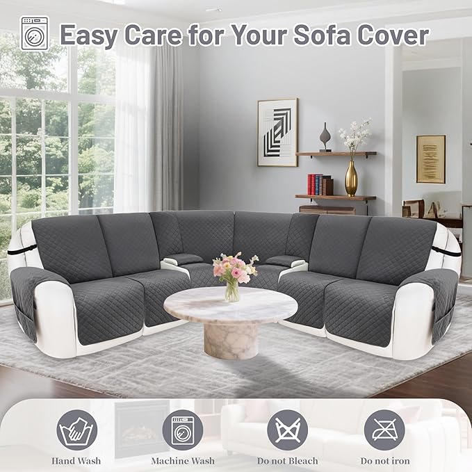 Recliner Sofa Covers 100% Waterproof Velvet L Shape Recliner Couch Covers for Dogs Pets Washable Anti Slip Recliner Slipcovers with Pockets (5 Seat Sofa with 2 Console, Dark Gray)