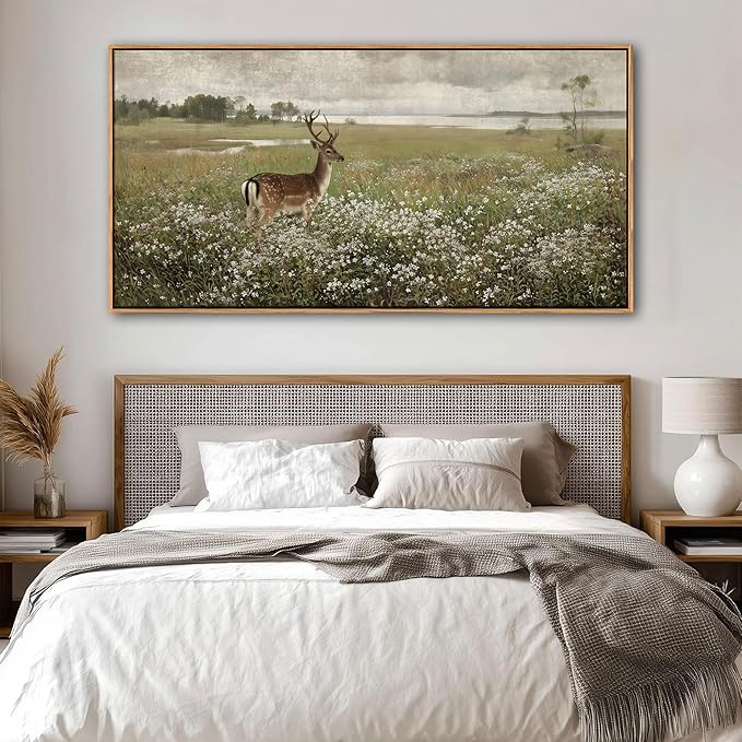 Vintage Wall Art for Living Room Farmhouse Wall Art, Country Wall Decor, Deer Art - Rustic Nature Canvas, Large Landscape Pictures for Bedroom Framed Artwork for Walls 24×48IN