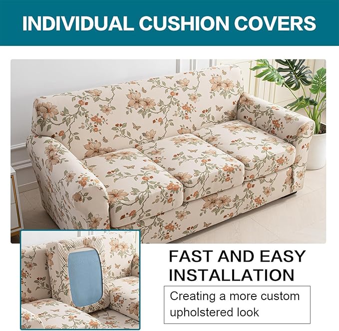 KRFOONN 4 Piece Printed Sofa Couch Cover for 3 Cushion Couches Stretch Sofa Slipcovers with 3 Separate Seat Cushion Covers Washable Furniture Protector with Elastic Bottom (Sofa, 57)