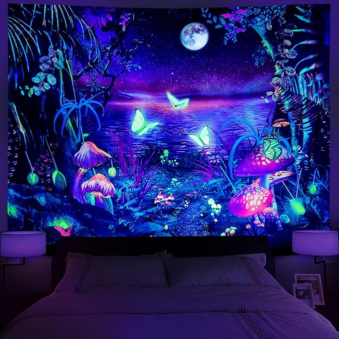 Serborlur Blacklight Fantasy Forest Moon Tapestry UV Reactive Butterfly Galaxy Space Tapestries Wall Hanging Aesthetic Starry Night Backdrop for Bedroom Living Room Decor (70.8" x 92.5")